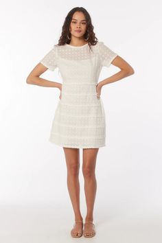 Our Mini Natalie dress is back in a lovely floral cotton eyelet. It's light, breathable, and ready for long summer days. Gentle tiers of ruffles create a sweet special detail. The slip can be worn underneath or removed for a more sheer affect. Pair with flats, or even better, espadrilles.  White Eyelet, 100% cotton Run Summer Lace Eyelet Mini Dress, Special Occasion Dresses Long, White Scalloped Lace Mini Dress With Short Sleeves, White Eyelet Fitted Mini Dress, White Short Sleeve Mini Dress With Eyelet Details, White V-neck Mini Dress With Broderie Anglaise, White Eyelet, Long Sleeve Short Dress, Types Of Dresses