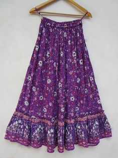 "ITEM DESCRIPTION purple floral printed rayon long maxi skirts - picnic wear summer women maxi skirts Material: 100% rayon crepe soft crinkled fabric Length: - 38 inch long Waist :-28.00 inch full (14 inch half) 28 inch relaxed can stretch up to 50 inch Size: free size (fit to all) PRODUCT NAME: - Long Women Maxi skirts Ladies Vintage Long skirts Company Return Policy: Please write for more information to my email directly CHOOSE \"ASK SELLER QUESTION \" payment policy:- we accepts payment throu Summer Rayon Lined Maxi Skirt, Summer Rayon Long Skirt, Long Rayon Summer Skirt, Summer Long Rayon Skirt, Floral Print Rayon Midi Skirt, Bohemian Midi Skirt In Rayon, Flowy Floral Rayon Maxi Skirt, Bohemian Rayon Midi Skirt, Bohemian Midi Rayon Skirt