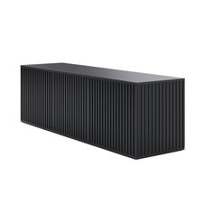 a large black cabinet sitting on top of a white wall