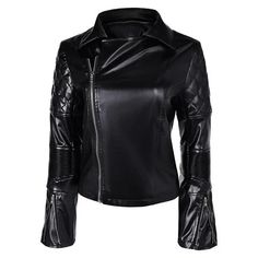 a women's black leather jacket on a white background