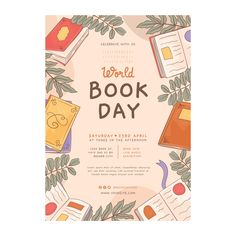 the world book day poster with books and leaves around it on a light pink background