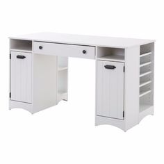 a white desk with two drawers and shelves