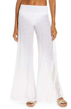 Panels of open crochet work add to the airy look and feel of woven cover-up pants. Style Name:Elan Crochet Trim Wide Leg Cover-Up Pants. Style Number: 5877443. White Pants For Beach Cover-up In Spring, White Breezy Wide Leg Bottoms, Breezy White Wide Leg Bottoms, White Wide Leg Breezy Bottoms, White Pants For Spring Beach Cover-up, White Summer Pants For Beach Cover-up, Breezy Wide Leg Vacation Pants, White Summer Beach Cover-up Pants, Stretch Wide Leg Bottoms For Beach