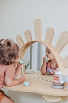 Introducing our 'Sunshine' Wall-Mounted Kids Table - a space-saving solution designed to brighten up your child's play area! ☀️ This charming set provides a dedicated space for creativity and learning while keeping the floor free for play. The accompanying toddler-sized chair ensures comfort and ergonomic support. Transform any room into a vibrant learning hub with this delightful table and chair set! 🎨📚 #KidsFurniture #ToddlerTable #SpaceSavingSolution Natural Wood Mirror, Wooden Height Chart, Room Mirror Ideas, Montessori Table, Montessori Bookshelf, Montessori Method, Yellow Mirrors, Wall Mounted Table, Toddler Table