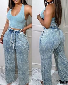 Fisdy - Pantalones lavados con elegante cintura alta y prácticos detalles en los bolsillos Look Casual Chic, Sleeveless Suit, Waist Pants, Look Chic, Olivia Mark, Straight Leg Pants, High Waisted Pants, Two Pieces, Casual Fashion