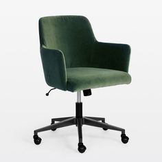 a green office chair with casteors and wheels on an isolated white background in front of a plain backdrop