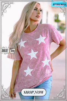 Women's Malibu Dreams Star Print Mineral Wash Tunic T-shirt Trendy Star Print Tops For Summer, Casual Relaxed Fit Tops With Star Print, Trendy Spring Top With Star Print, Trendy Star Print Summer Tops, White Star Print Top For Summer, Summer Crew Neck Top With Star Print, Trendy Spring Star Print Top, Cotton Summer Top With Star Print, Casual Short Sleeve Top With Star Print