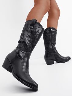 Black  Collar     Embellished   Women Shoes Black Knee-high Moto Boots For Spring, Black High Ankle Western Martin Boots, Black Western Mid-calf Boots With Wide Calf, Western Style Black Mid-calf Boots With Wide Calf, Western Style Black Wide Calf Mid-calf Boots, Western Style Wide Calf Mid-calf Boots In Black, Spring Black Mid-calf Boots, Western Black Martin Boots With Pointed Toe, Black Knee-high Spring Boots