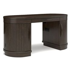 an office desk with a curved top and wooden paneling on the sides, in dark brown