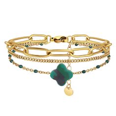 PRICES MAY VARY. ♥DESIGN: The lucky four-leaf clover bracelet follows the trend of fashion and simplicity. Understand the four-leaf clover, understand happiness. It is captivating with its unique design and rich color combinations. ♥Adjustable: Malachite clover length 16cm (6.3in) + 4cm (1.4in) extension chain; clover size 1*1cm (0.39*0.39in) You can adjust the length according to the circumference of your wrist. ♥PREMIUM MATETIAL: The four leaf clover bracelet is made of hypoallergenic stainles Pot Leaf Bracelet, Trendy Green Chain Bracelet As Gift, Trendy Green Chain Bracelet For Gift, Four Leaf Clover Bracelet, Stainless Bracelet, Clover Bracelet, Wrist Jewelry, Gold Plated Bangles, Cross Chain