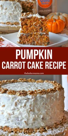 pumpkin carrot cake recipe with cream cheese frosting and pecans in the background, on a white plate