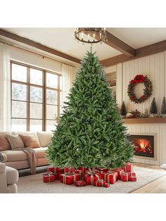 a christmas tree with presents in front of it