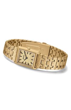 A smooth rectangular case with beveled edges complements the textured dial and link bracelet of this vintage-inspired watch. 20mm case; 16mm case depth Deployant clasp closure Quartz movement Mineral crystal face Stainless steel or stainless steel with 18k-gold plate Imported Gold Rectangular Watch With Box Clasp, Gold Watches With Bracelet Strap And Rectangular Dial, Gold Watches With Rectangular Links, Timeless Gold Rectangular Watch Accessories, Gold Timeless Rectangular Watch Accessories, Timeless Rectangular Gold Watch Accessories, Gold Rectangular Watch Accessories For Formal Occasions, Timeless Gold Watch Accessories With Rectangular Dial, Engraved Yellow Gold Watch With Rectangular Dial