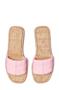 A sleek leather slide accented by Tory's signature double-T logo is ready to upgrade your warm-weather style. Leather upper and lining/rubber sole Imported Pink Cute Shoes, Slides For Ladies, Cute Sandals For Summer, Sandals Aesthetic, Shoes For Women Summer, Sandals For Beach, Pink Shopping, Summer Slides, Pretty Sandals