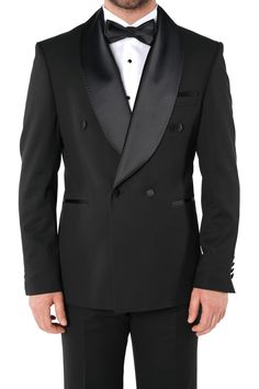 Brand: PAREZProduct Content: Jacket + pants + bow tieCut: Slim Fit Italian CutDrop: 6-DropSlit Detail: Double slitMaterial: 60% polyester 37% wool 3% lycraWashing Type: Dry cleaning         SIZE CHART  US 36 LBS 143 - 165 US 38 LBS 165 - 176 US 40 LBS 176 - 187 US 42 LBS 187 - 198 US 44 LBS 198 - 209 US 46 LBS 209 - 220 Black Double Breasted Suit With Long Sleeves For Evening, Black Double Breasted Long Sleeve Suit For Evening, Black Double Breasted Suit With Double Button For Evening, Black Double Breasted Suit For Evening, Winter Tuxedo Double Breasted Suit With Double Button Closure, Formal Tuxedo With Double Button Closure, Tuxedo Style Outerwear With Double Button Closure, Tailored Double Breasted Suit For Party, Formal Double-breasted Tuxedo