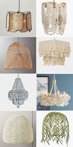 four different types of chandeliers hanging from the ceiling in various styles and colors