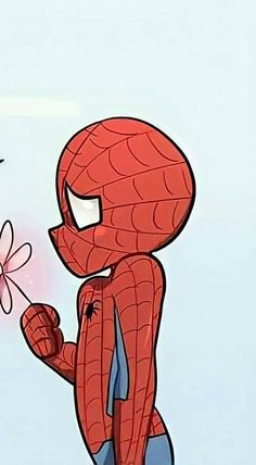 a cartoon character holding a flower in one hand and looking at it with the other