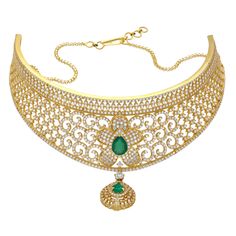 Evoke classic charm with this 22k gold choker necklace—a Virani Jewelers masterpiece that captures the essence of Indian jewelry legacy. Crafted with utmost care, this bejeweled choker necklace showcases intricate design and timeless allure. Adorn yourself with sophistication, embracing the grace of authentic Indian gold jewelry that stands as a testament to your refined taste. Features • 22k yellow gold • Emerald • Cubic zirconia Specifications • Minimum width - 2 millimeters • Maximum width - Elegant Hand Set Choker For Ceremonial Use, Elegant Hand Set Choker For Ceremonial Occasions, Elegant Choker With Intricate Design For Reception, Elegant Ceremonial Hand Set Choker, Gold Plated Jewelry With Intricate Design For Receptions, Elegant Kundan Choker Necklace With Intricate Design, Elegant Kundan Choker With Intricate Design, Gold Emerald Necklace With Intricate Design For Reception, Elegant Gold Gemstone Choker