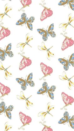 a white background with pink and blue butterflies on it's wings, all in different colors