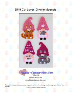 three gnomes and a cat are shown in this cross - stitch pattern, with the caption cats love gnome magnets