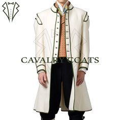 New Men Off-White Wool 1845-55 Century Military Style Frock Coat, Military Wedding Frock Coat, Man's Frock Coat With Green Piping By Cavalry Coats With Worldwide Shipping  STYLE PROFILE: Crafted with 100% Wool material, this custom-fit coat exudes elegance and style. Primary Color: Off-White Expertly tailored for a refined finish. SIZING DETAILS: To ensure the perfect fit, please provide the following measurements: Chest Size: Measure around the fullest part of your chest. Waist Size: Measure ar Regency Style Fitted Outerwear For Formal Occasions, Regency Style Fitted Formal Outerwear, White Nehru Jacket With Stand Collar For Formal Occasions, Regency Style Fitted Long Sleeve Outerwear, White Winter Wedding Suits, Fitted White Outerwear For Ceremony, White Fitted Ceremony Outerwear, Regency Style Long Sleeve Costume Outerwear, White Fall Wedding Suits