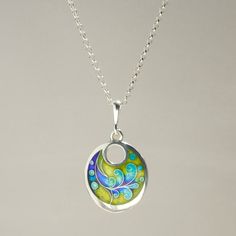 Cloisonne Circle Necklace With Hole Sterling Silver Pendant - Etsy Multicolor Enamel Round Pendant Necklace, Enamel Hallmarked Oval Pendant Necklace, Silver Enamel Necklaces With Cabochon, Silver Enamel Necklaces With Cabochon Detail, Multicolor Enamel Jewelry With Large Pendant, Hand Painted Round Sterling Silver Jewelry, Artistic Round Enamel Necklaces, Engraved Oval Pendant Enamel Necklace, Engraved Oval Pendant Necklace In Enamel