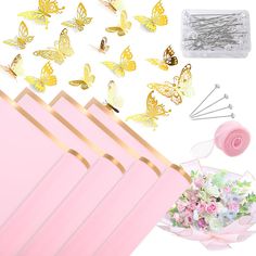 several different types of paper flowers and butterflies on a white background with gold foiling