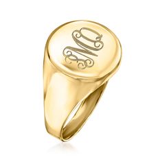 Ross-Simons - Monogram - Italian 14kt Yellow Gold Circle Signet Ring Size 7. Making for a classy addition to any type of outfit, signet rings are always a great choice for adding to your wardrobe or gifting. Made in Italy of luxe 14kt yellow gold, this timeless design becomes even more special with a FREE engraving of a monogram in your choice of block or script type. 1/2" wide. 14kt yellow gold personalized signet ring. Classic Domed Signet Ring Hallmarked, Classic Formal Initial Ring Stamped 14k, Classic Hallmarked Domed Signet Ring, Classic Domed Hallmarked Signet Ring, Classic 14k Gold Signet Ring For Formal Occasions, Classic Signet Ring For Formal Occasions, Domed Signet Ring With Polished Finish For Anniversary, Classic Formal Signet Ring, Luxury Formal Signet Ring Stamped 14k