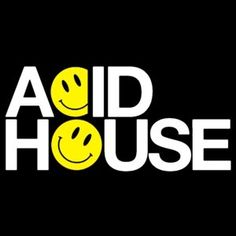 the aid house logo with smiley faces on it's black and white background,