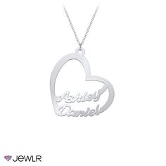 Represent true love with this simple yet romantic cutout necklace! Customize the names inside of the delicate heart-shaped design for you and your sweetheart, and complete it with your choice of Sterling Silver, Gold-Plated Silver, 10k or 14k white, yellow or rose gold. This sweet necklace is the perfect way to treat yourself or someone you love! Personalized Open Heart Name Necklace, Custom Name Heart Pendant Necklace For Wedding, Custom Name Silver Heart Necklace For Wedding, Silver Heart Necklace With Custom Name For Wedding, Sterling Silver Heart Pendant With Names, Sterling Silver Heart Pendant Jewelry With Names, Sterling Silver Nameplate Heart Necklace For Anniversary, Personalized Sterling Silver Heart Pendant, Open Heart Name Necklace For Anniversary