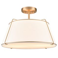 a light fixture with a white shade on the bottom and a gold frame around it