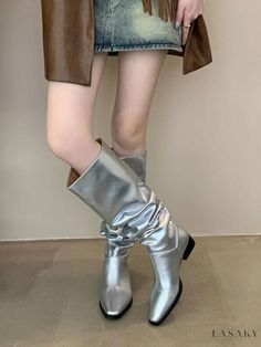 Lasaky - Classic Silver Pointed Toe Slouch Flat Knee High Boots Pink Block Heels, Fall Heels, Knee High Boots Flat, Fall Winter Shoes, Chunky Heel Booties, Slouch Boots, Knit Shirt Dress, Chunky Shoes, Estilo Chic