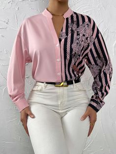 Dusty Pink Casual Collar Long Sleeve Polyester Floral,Striped Shirt Embellished Non-Stretch  Women Tops, Blouses & Tee Women Blouses Fashion Classy, Corporate Wears, Top Designs Latest, Floral Shirt Outfit, Business Blouse, Printed Skirt Outfit, Latest Blouse Designs, Blouse Tops Designs, Angel Card