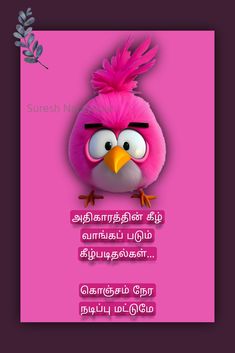 a pink bird with an angry look on it's face and the words in thai are