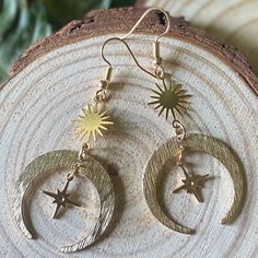 Handmade 18k gold plated crescent moon and star earrings on 24k gold plated ear wires🌙 Length: 6 cm  More beautiful jewelry can be found in my shop:  ions please feel welcome to send me a message✨ Moon Sun Star, Moon And Star Earrings, Moon Sun, Earrings Bohemian, Bohemian Hippie, Hippie Bohemian, Jewelry Inspo, Star Earrings, Crescent Moon