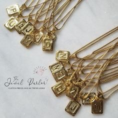 On sale now! 14K gold-filled Monogram Pendants! Follow us on Instagram @thejewelparlor Crystal Names, Baguette Necklace, Gift For Graduation, Figaro Necklace, Monogram Pendant, Headpiece Jewelry, Name Earrings, Letter Pendant Necklace, Custom Name Necklace