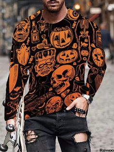 Russoo - Mens Street Long Sleeve Crew Neck T-shirt with Halloween-Inspired Anime Pattern, Perfect for Spring and Fall Seasons Black Graphic Print Shirt For Halloween, Black Themed Top With Sublimation Print, Black Cartoon Print Shirt For Halloween, Black Crew Neck Top For Halloween, Black Crew Neck Top For Costume Party, Punk Tops For Costume Party In Fall, Punk Style Fall Tops For Costume Party, Punk Tops For Fall Costume Party, Black Halloween Shirt With Character Print