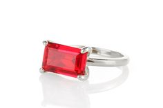 A slim rectangular stone set horizontally in high-polish prongs is what this unique Ruby ring beautifully flaunts. This July birthstone brings a vivid charm that you can wear or wrap as a gift for a special occasion. This lovely piece can be styled with other handmade rings or worn on its own. Exquisite jewelry piece. Breathtaking gemstone piece. Charming choice for a promise or engagement ring. Classy and chic jewelry ring. Ring size is customizable. Product specifications Jewelry Information M Unique Ruby Rings, Handmade Rings, July Birthstone, Chic Jewelry, Ruby Ring, Jewelry Ring, Exquisite Jewelry, Ring Ring, White Ring