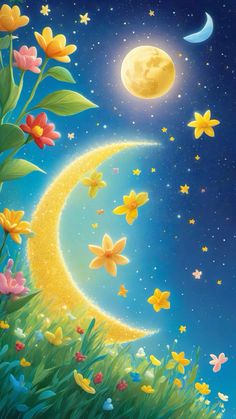 a painting of the moon and butterflies in the night sky with stars, grass and flowers