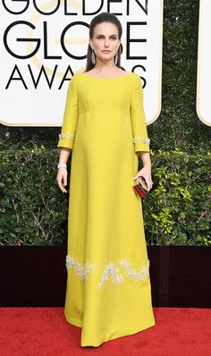 Golden Globes 2017: The Best Red Carpet Looks via @WhoWhatWear Maternity Red Carpet, Yellow Long Dress, Prada Dress, Yellow Gown