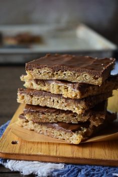 chocolate and oatmeal bars stacked on top of each other