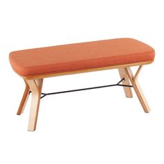 an orange bench sitting on top of a wooden frame and seat cushion in front of a white background