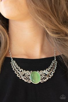 Paparazzi Accessories - Celestial Eden - Green Necklace - Bling by JessieK Whimsical Centerpiece, Cats Eye Stone, Silver Frames, Paparazzi Accessories, Moonstone Necklace, Eye Stone, Paparazzi Jewelry, Green Necklace, Short Necklace