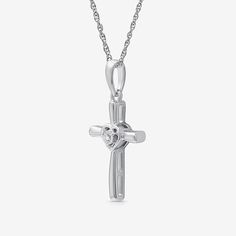 Celebrate your faith with our Women�s Diamond Accent Cross Pendant Necklace in sterling silver. This beautifully crafted piece features a stunning cross pendant adorned with a sparkling natural diamond, showcasing a rounded carat weight of less than 1/10 ct. t.w. The pendant measures 24.4mm in length and 11.9mm in width, suspended from an 18-inch rope chain with a secure spring ring clasp. Packaged in a lovely gift box, this necklace makes a meaningful gift for special occasions or a heartfelt a Sterling Silver White Gold Necklace For First Communion, White Gold Sterling Silver Crucifix, Sterling Silver Cross Pendant For First Communion, Sterling Silver Cross Pendant Necklace For First Communion, Sterling Silver Necklace For First Communion, Sterling Silver Cross Necklace For First Communion, White Gold Cross Pendant For First Communion, White Gold Cross Charms For Anniversary, Sterling Silver Crucifix Cross Necklace In White Gold