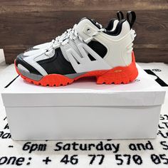 Brand New In Box. Sandro H19 Hiking Vibram Rugged Sole Dad Chunky Shoes White Orange Black Colorways. Mixed Materials: Leather, Mesh, Rubber Size 42eu = 9us - 9.5us Men. Msrp: $425 After Tax. Fb Ig Bensurbanbargain Modern White High-top Sneakers With Lug Sole, White High-top Chunky Dynamic Sneakers, White Chunky Sneakers With Studded Outsoles For Sports, White Chunky Sneakers With Studded Rubber Outsoles, White Sporty Custom Sneakers With Vibram Sole, White High-top Sneakers With Lug Sole For Streetwear, Modern White Chunky Sneakers With Vibram Sole, White Chunky Sneakers With Round Toe, White Dynamic Chunky Sneakers With Round Toe