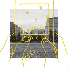 two hands holding up a cell phone with yellow squares on it and buildings in the background