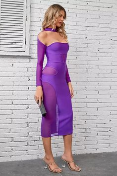 The Noa Purple Mesh Bandage Midi Dress is sure to wow the crowd at your next special event! An elegant shade of violet is the romantic signature of this dress. The mesh section accentuates the attractive lines. Open back with concealed zip detail. Pairing it with stilettos is a great way to the party.  Dress Length: Approx 116cm Materials: Bandage Gentle Dry Clean Only  Model is 5 ft 7 and wears size S  Colour may vary due to lighting on images. The product images (without model) are closest to Bodycon Evening Dress, Shades Of Violet, Bandage Midi Dress, Purple Long Sleeve, One Piece Dress, Cutout Dress, Bandage Dress, Plus Size Dress, Spring Dresses