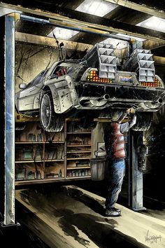 a drawing of a man working on a car in a garage with shelves full of tools