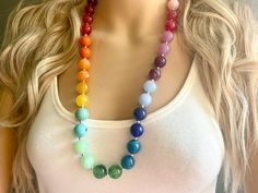 This is a very unique piece! It is ombré ROY G BIV style rainbow ball beads 🌈 About 20 inches of beading with a 10 inch extender chain. *Smoke and pet free home!* I ship 6 days a week! This particular set is READY TO SHIP! Thank you for browsing my store and supporting American small business! Check out my other items :) Adjustable Rainbow Necklaces With Polished Beads, Adjustable Rainbow Polished Beads Necklace, Rainbow Faceted Round Bead Necklaces, Rainbow Necklaces With Polished Round Beads, Rainbow Single Strand Beaded Necklaces With Round Beads, Rainbow Polished Round Bead Jewelry, Rainbow Jewelry With Large Beads For Jewelry Making, Rainbow Necklace With Large Beads, Rainbow Necklaces With Large Round Beads