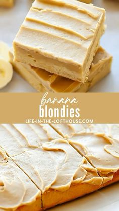 banana blondies are stacked on top of each other with peanut butter frosting and bananas in the background